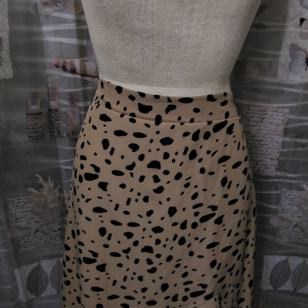 Shein Tannish Brown Black Leopard Print Asymmetric Ruffle Hem Midi Skirt Large - Picture 3 of 9